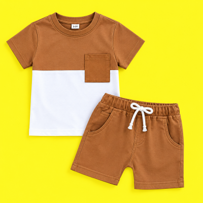 Modern Brown and White Color-Block Boys' Summer Two-Piece Set (T-Shirt & Shorts Set) with Pocket